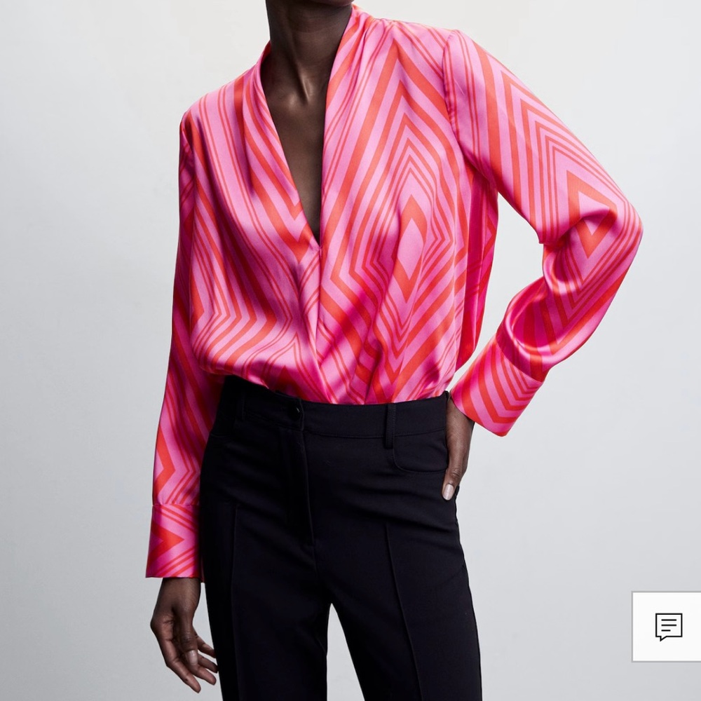 Mango Long Sleeve Satin Print Blouse Pink and Orange 16